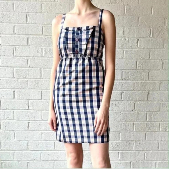 Maeve Dresses & Skirts - NWT Anthropologie Maeve Blue White Plaid Printed Dress with Sheen Size Small